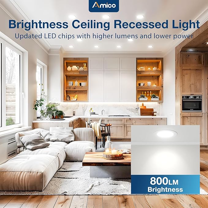 Amico 48 Pack 4 Inch 5CCT Ultra-Thin LED Recessed Dimmable Ceiling Light with Junction Box, 2700K/3000K/3500K/4000K/5000K Selectable, 10W Eqv 60W, 800 Lumens, High Brightness Downlight - ETL&FCC