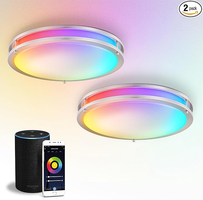 ASD LED 18" Round Flush Mount Lighting, Close to Ceiling Light Fixture | Smart, Multicolor, Dimmable, ETL Listed | 28W 1844LM RGB-2700-6500K 120V | Low Profile Double Ring Lamp | Nickel, 2 Pack