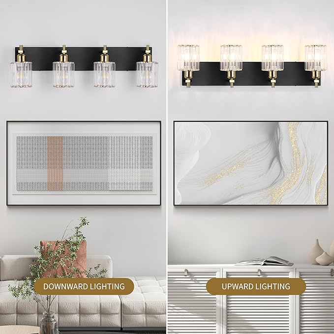 She's home 4 Light Crystal Vanity Lights for Bathroom - Black and Gold Modern Bathroom Vanity Lights Over Mirror 28 Inch, Bathroom Wall Lighting E26 Base