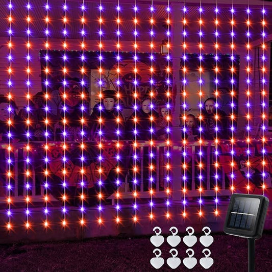 echosari Solar Halloween Curtain Lights Outdoor, 7.9ft x 6ft 144 LED Orange Purple Curtain Lights with 8 Modes Timer Waterproof for Indoor Outdoor Patio Fence Halloween Tree Party Decor