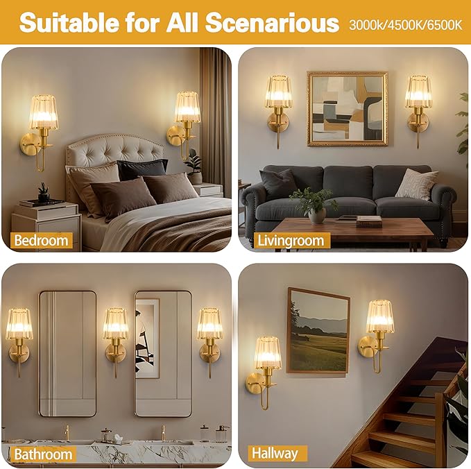 Battery Operated Wall Sconces Set of 2 – 5200mAh Rechargeable Gold Crystal Glass, 15 Colors & 10-Level Dimmable, Wireless Wall Lights for Living Room & Bedroom