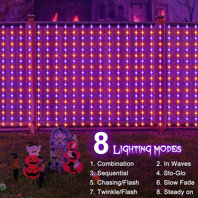 echosari Solar Halloween Curtain Lights Outdoor, 7.9ft x 6ft 144 LED Orange Purple Curtain Lights with 8 Modes Timer Waterproof for Indoor Outdoor Patio Fence Halloween Tree Party Decor