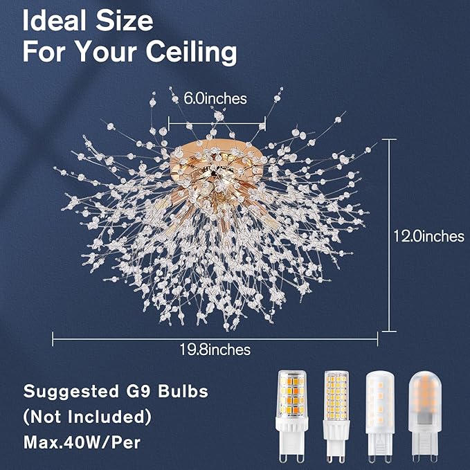 CM MZY 6-Light Sputnik Flush Mount Ceiling Light Fixture, Modern Gold Crystal Firework Ceiling Lights, Close to Ceiling Lamp for Bedroom Kitchen Hallway Entryway Bathroom