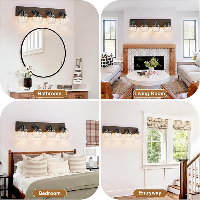 Farmhouse Bathroom Vanity Light Fixtures, Bathroom Light Fixtures Over Mirror,4-Light Rustic Black Wood Wall Sconces, Vintage Vanity Light for Bathroom with Clear Glass Shade (Black, 4-Light)