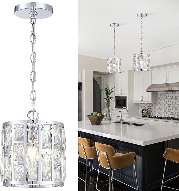 MEXO Modern Crystal Pendant Light,Chrome Chandelier Light Fixture, Cylinder Adjustable Height Pendant Lights for Kitchen,Dining Room,Living Room,Foyer,Hallway