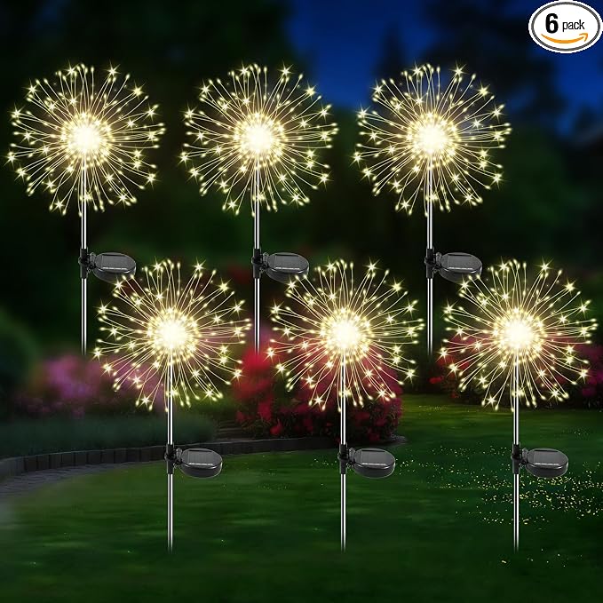 Solar Garden Lights Outdoor, 6 Pack 120 LED Twinkling Firework Lights Decorative with 2 Modes, Outdoor Waterproof Solar Starburst Light for Yard Pathway Planter Patio Decor, Warm White