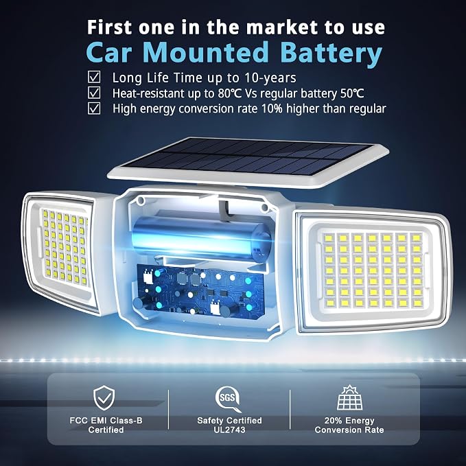 JEJOT White Solar Security Light Outdoor Super Bright LED, Motion Sensor Solar Flood Light, 3 Heads 270° Wide Angle, Remote Control,IP65 Waterproof, 3 Modes (4 Packs)