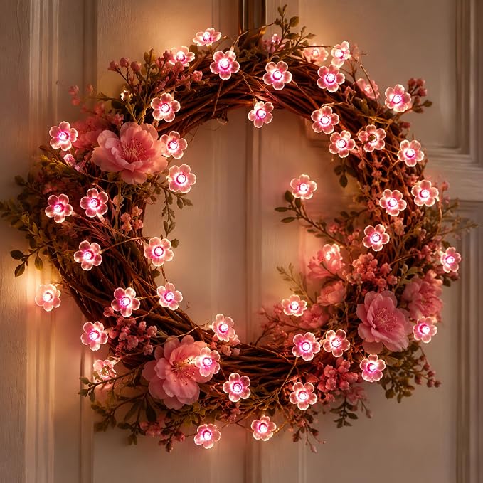 USB/Battery Operated 13ft Copper Wire 40LED Pink Cherry Blossom Fairy Light | Flower-Shaped Fairy Lights String – Indoor & Outdoor Hanging Decor for Valentine's Day, Mother's Day, Wedding Parties
