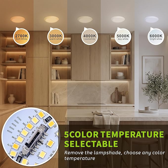 6 Inch LED Disk Light 5CCT 6-Pack, 16.5W Dimmable 2700K-6000K Selectable, 1100LM Damp Rated, Low Profile for Bedroom, Kitchen, Bathroom, ETL & FCC Listed