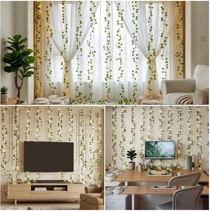 Bexdir 200 LED Curtain Vine Lights for Bedroom Decoration, 6.6x6.6ft Pre-Assembled Hanging Fake Vines with Fairy Lights USB Powered, Aesthetic Artificial Ivy Lights for Room Wall Decor