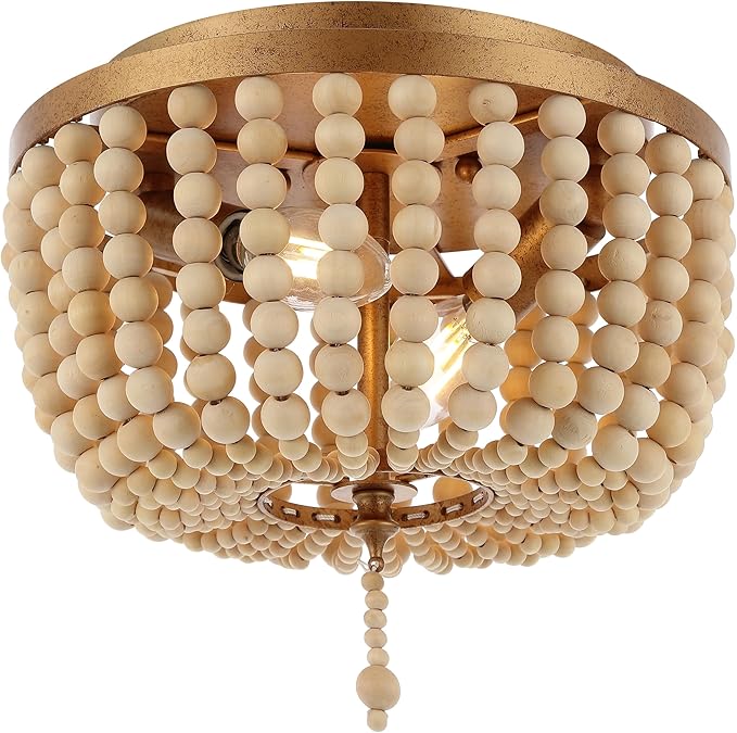 JONATHAN Y 10" Antique Gold/Cream Allison 2-Light LED Flush Mount Ceiling Light for Bedroom, Wood Beaded Shade Shabby Chic Farmhouse Rustic Decor, LED Bulbs Included JYL9074A