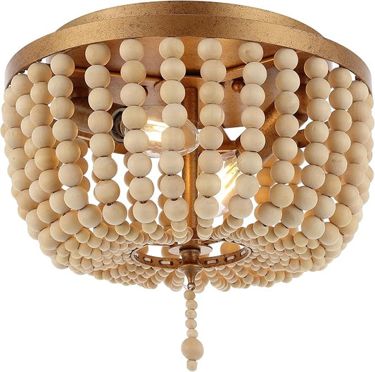 JONATHAN Y 10" Antique Gold/Cream Allison 2-Light LED Flush Mount Ceiling Light for Bedroom, Wood Beaded Shade Shabby Chic Farmhouse Rustic Decor, LED Bulbs Included JYL9074A