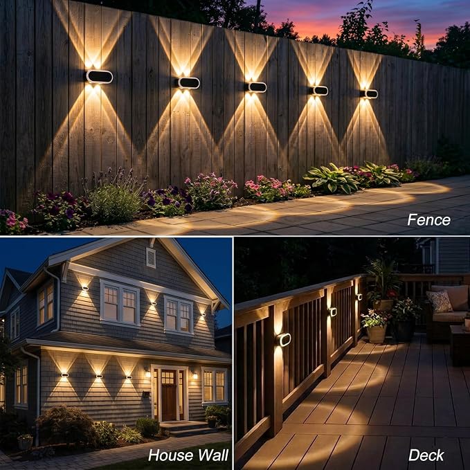 Solar Fence Lights Outdoor: IP65 Waterproof Wall Lighting with Dual Focused LED Up Down - 3000K/4000K/6000K 10-12H Lasting - Easy to Install for Backyard Patio Porch 8 Pack