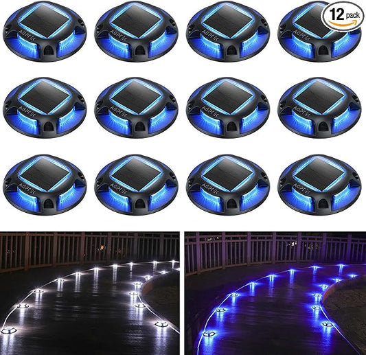 AGPTEK Solar Driveway Lights Outdoor 12 Pack, 2 Color Modes LED Deck Dock Marine Waterproof Security Marker Lights for Step Sidewalk Stair Garden Pathway Walkway Yard(Blue Light/Cool White, Black)