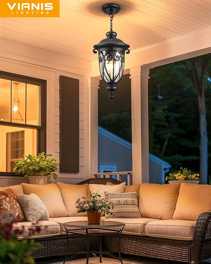 VIANIS Extra Large Outdoor Pendant Lights for Porch, 21.3 in Hanging Light, Waterproof Black Hanging Porch Light, Anti-Rust Outdoor Pendant Light for House, Doorway, Vintage Style