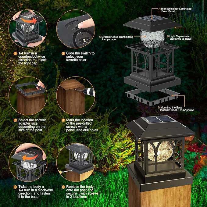Fence Post Solar Lights, Crackle Glass Solar Post Cap Lights, 20 Lumens, Warm White & RGB Automatic Cycling 2 Modes for 3.6x3.6 4x4 4.5x4.5 5x5 Vinyl Wooden Posts Decoration, Black (2 Pack)