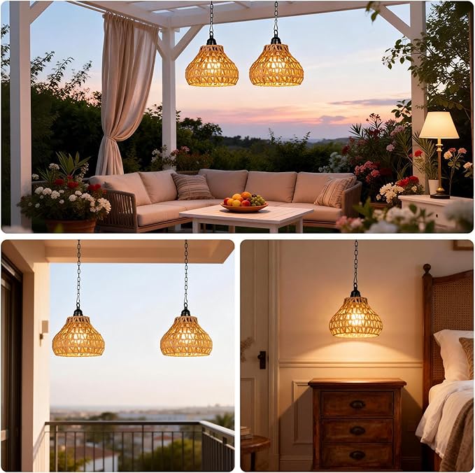 Rechargeable Hanging Pendant Lights, 2 Pack Battery Operated Outdoor Chandelier with Remote, No Wiring for Outdoor Patio, Gazebo, Porch Decor