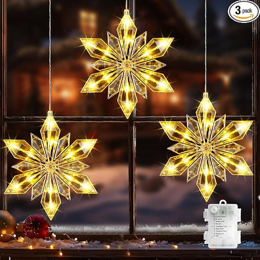 Marchpower Christmas Snowflake Window Lights, 3Pack 36LED Battery Powered Christmas Window Lights, Waterproof Snowflake Curtain Lights with Timer & 8 Modes for Indoor Outdoor Xmas Decor
