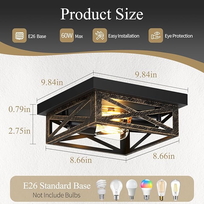 Black Flush Mount Ceiling Light Fixture,2-Light Square Rustic Vintage Metal Black Hallway Light Fixtures Ceiling for Farmhouse,Kitchen,Hall,Bedroom (2 Pack)