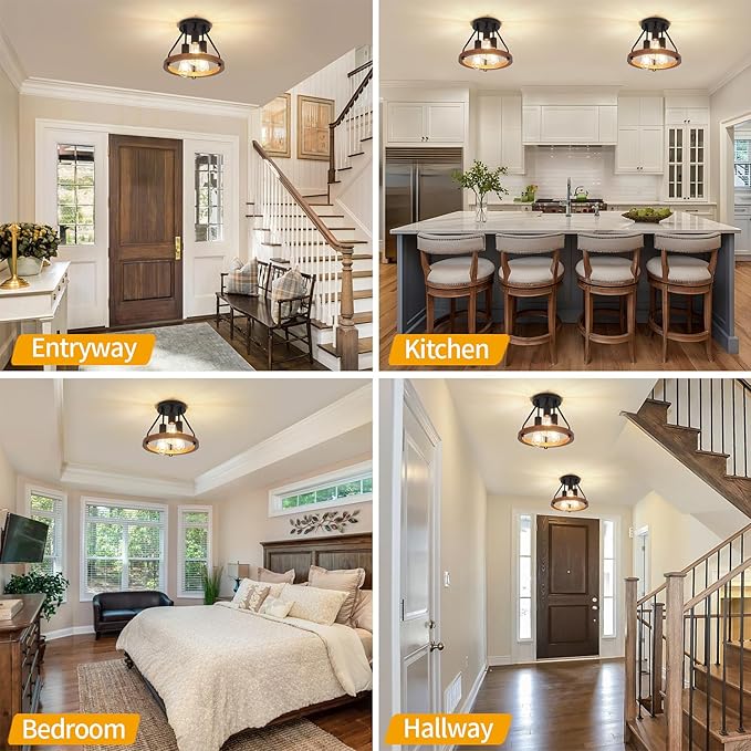 Modern Farmhouse Wood Semi Flush Mount Ceiling Light, Hallway Light Fixtures, Entryway Light Fixture, 3-Light Rustic Industrial Ceiling Lamp for Kitchen Bedroom Laundry Dining Room Lighting Fixtures