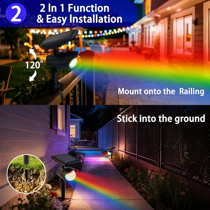 Solar Spot Lights Outdoor 2 Pack, RGB Color Changing & Warm White, 2-in-1 Stake & Strap Mounted Solar Lights, IP65 Waterproof, Auto On/Off Landscape Lighting for Garden, Yard, Tree, Wall
