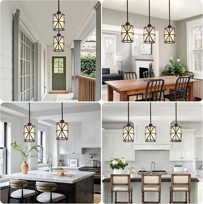3 Pack Pendant Light Kitchen Island Pendant Light, Stem Rod Hanging Light with Spiral Cage Frosted Glass Shade, Black Modern Indoor Hanging Lamp