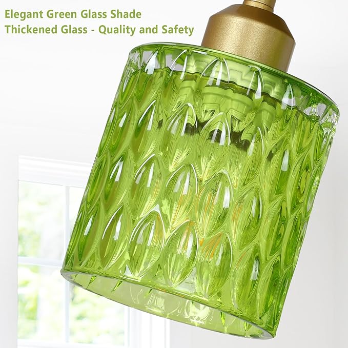 3-Light Semi Flush Mount Ceiling Light, Vintage Gold Kitchen Ceiling Light Fixture with Green Glass Shade, Mid Century Modern Close to Ceiling Lighting for Dining Room Hallway Entryway Bedroom
