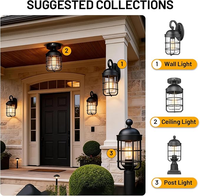 Outdoor Ceiling Lights for Porch with Dusk to Dawn Sensor, Black Outdoor Semi Flush Mount Ceiling Light Fixture with Clear Glass for Front Porch Entryway Patio