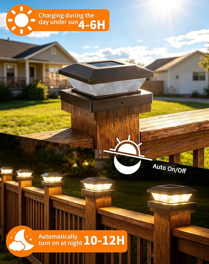 4x4-Solar-Post-Cap-Lights-Outdoor 12 Pack Solar Powered Fence Post Lights 3 Lighting Modes Deck Postcap Light for 3.5x3.5 4x4 Wood/Vinyl Posts LED Waterproof Garden Patio Porch Posts Lighting Black