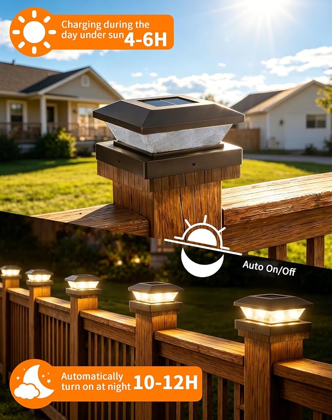 4x4-Solar-Post-Cap-Lights-Outdoor 16 Pack Solar Powered Fence Post Lights 3 Lighting Modes Deck Postcap Light for 3.5x3.5 4x4 Wood/Vinyl Posts LED Waterproof Garden Patio Porch Posts Lighting Black