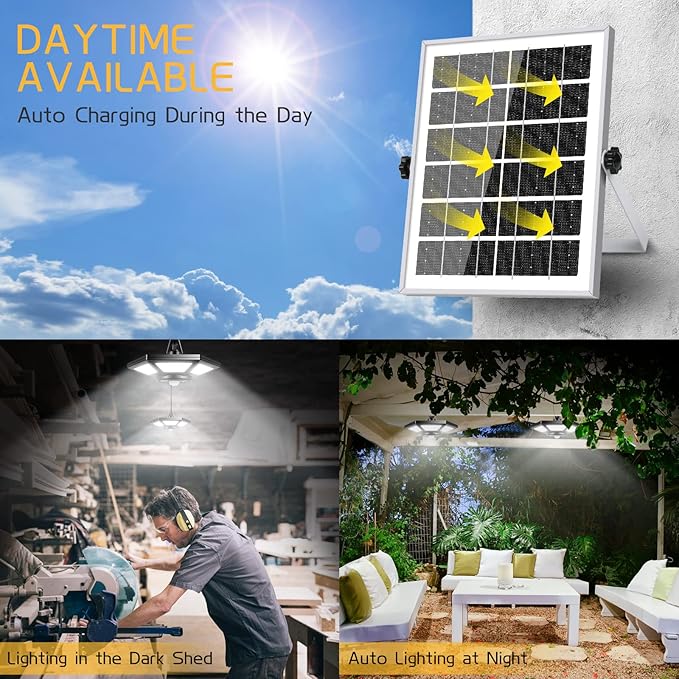 Deogos Solar Pendant Lights, Dual Head Solar Shed Lights with Motion Sensor for Outdoor,180 LED Solar Indoor Lights with Remote Control for Barn Gazebo Garage Garden Home