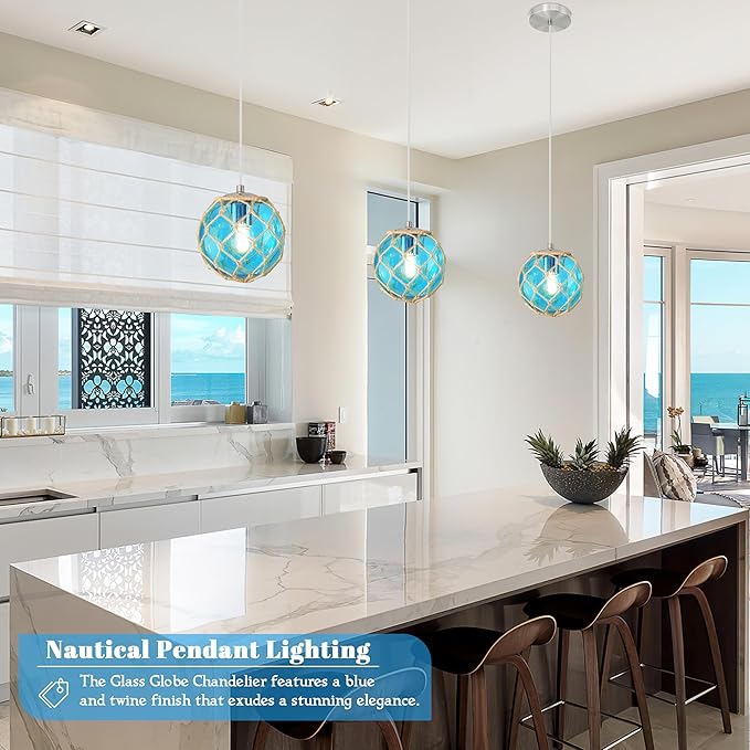 3 Pack 6" Blue Coastal Pendant Light Kitchen Island,Glass Globe Ocean Ceiling Light Fixture Beach House,Dimmable Hemp Rope Light Fixture Hanging For Bathroom Living Room Farmhouse Bedroom(Bulb Incl.