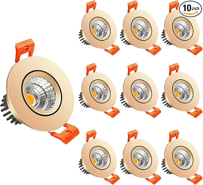 LightingWill 2inch LED Dimmable Downlight, 3W COB Recessed Ceiling Light, Natural White 4000K-4500K, CRI80, 25W Halogen Bulbs Equivalent, Gold (10 Pack)