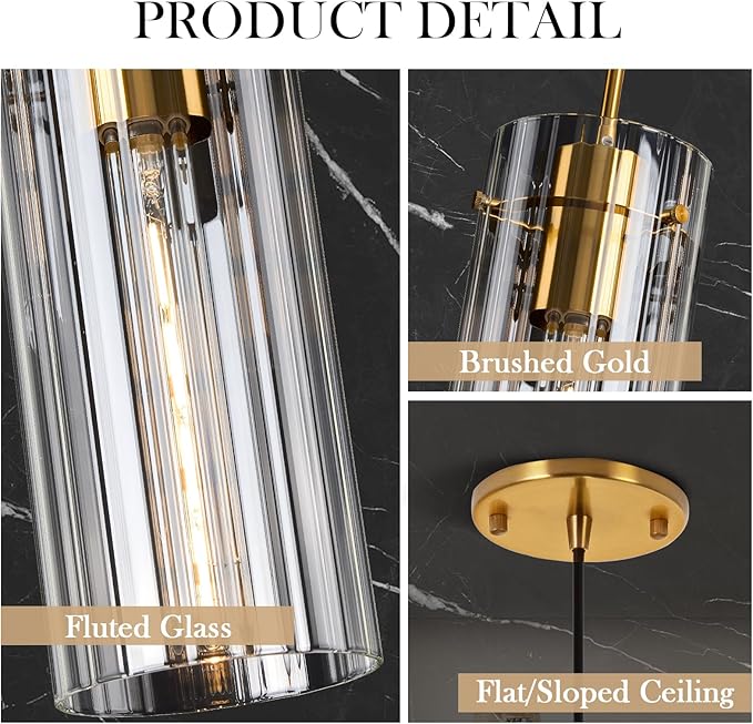 Gold Pendant Light Fixtures, 2 Pack Modern Pendant Lighting with Clear Striped Glass Shade, Hanging Pendant Lights Kitchen Island, Farmhouse Pendant Lighting for Dining Room Bedroom Bathroom