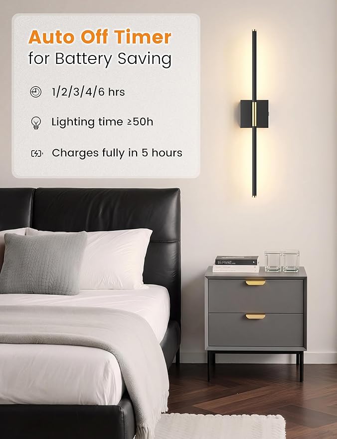 7800mAh Battery Operated Wall Sconces Set of Two, Rechargeable Wall Sconces with Remote, 360° Rotatable Battery Wall Sconce Decor, 27.6'' Wireless Wall Lights for Bedroom, Living Room(Black Gold)