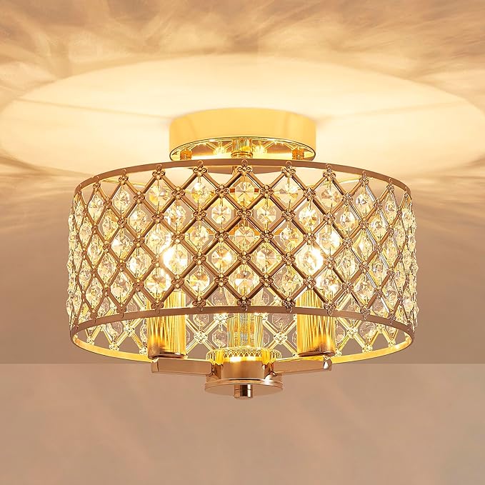 AGV LIGHTING Semi Flush Mount Ceiling Light Fixture, Modern Crystal Ceiling Light Fixture, 3-Lights, Soft Light Gold