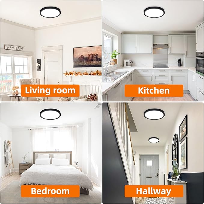 Hlite 12 Inch Flush Mount LED Ceiling Light with Night Light, 24W, 2400lm, 3000K/4000K/5000K Selectable, Flat Lights for Ceiling, Dimmable LED Ceiling Light for Bedroom, Kitchen, Black(2Pack)
