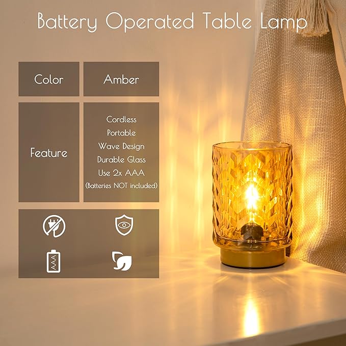LUSHARBOR Battery Operated Lamp with Timer, Small Decorative Table Lamp Ambient, Glass Cordless Lamps Bedside Battery Powered Lamp for Bookshelf, Entryway Wave Design-Amber