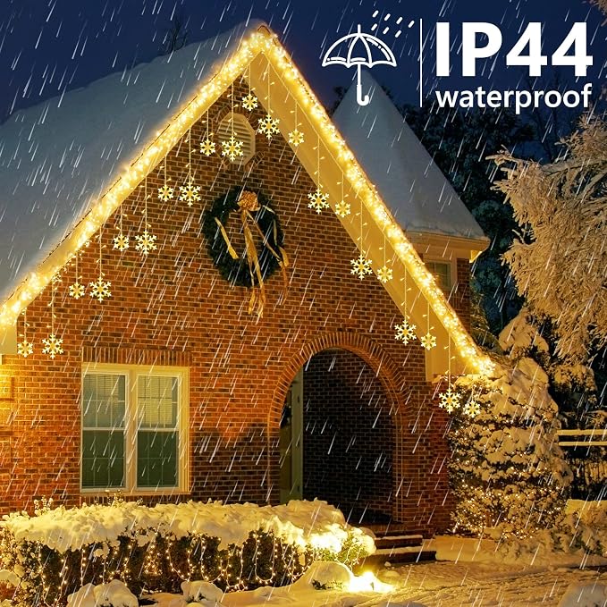 Toodour Christmas Snowflake Lights Outdoor, 17.22ft 264 LED Snowflake Icicle Lights with 22 Drops, Connectable, 8 Modes Waterproof Warm White Christmas Light for Curtain, Eaves, Window, Xmas Decor