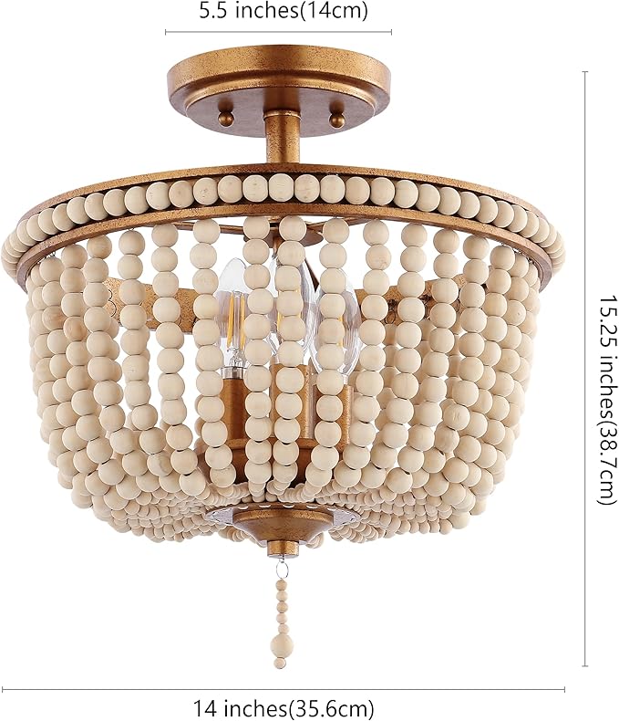 JONATHAN Y 14" Antique Gold/Light Taupe Wood Beaded LED Semi Flush Mount Light, Boho Farmhouse 3-Light Ceiling Chandelier with Cream Wood Bead Shade for Nursery, Bedroom (JYL9020C)