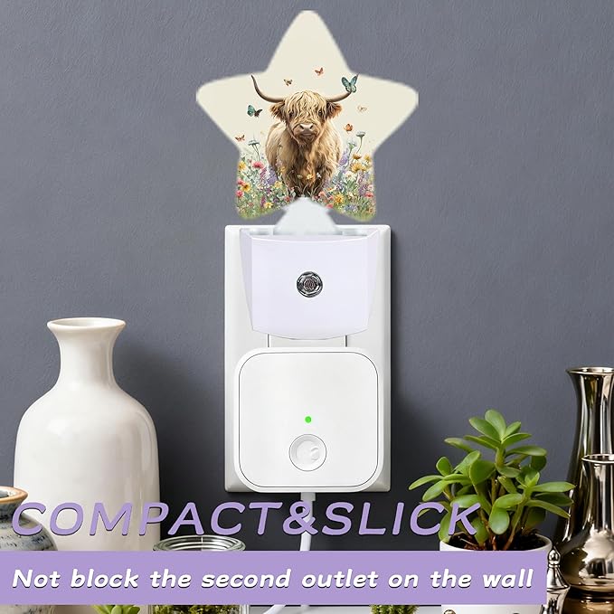 Highland Cow Nightlights Plug in Wall,Flower Butterfly Decorative Star Lamp with Automatic Lighting for Living Space,Gentle Glow for Kids Room,Hallway,Bathroom