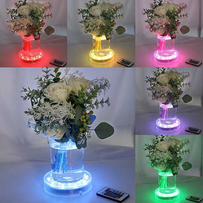 LARDUX Pack of 4 LED Lights Base with Remote - 6-inch Round Lights Display Stand for Effiel Tower Vase Crystal Glass Art LED Pedestal Base - Charging USB or Battery Powered