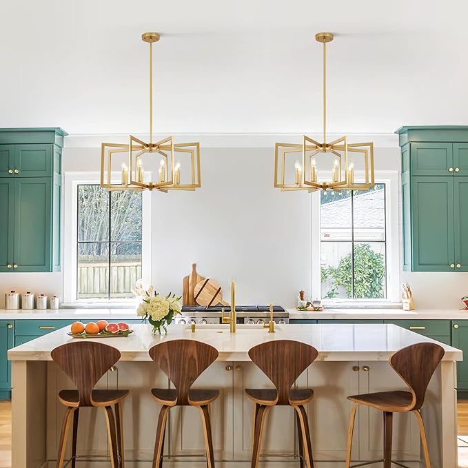 Klgxnrd 8-Light Modern Farmhouse Gold Geometric Chandelier, Large Industrial Metal Kitchen Light Fixtures, Rustic Cage Hanging Lights for Dining Room Entryway Foyer Living Room Stairway