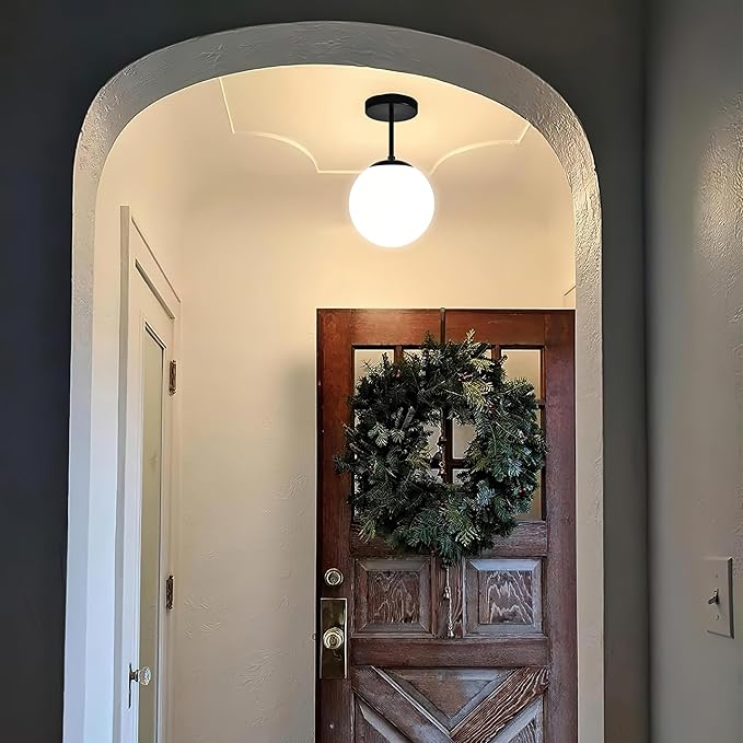 Globe Semi Flush Mount Ceiling Light, Mid Century Modern Light Fixture Ceiling, Milk Glass with Matte Black Finish, Living Room Kitchen Bedroom Hallway Storage Schoolhouse Laundry(LED Bulb Incl.)