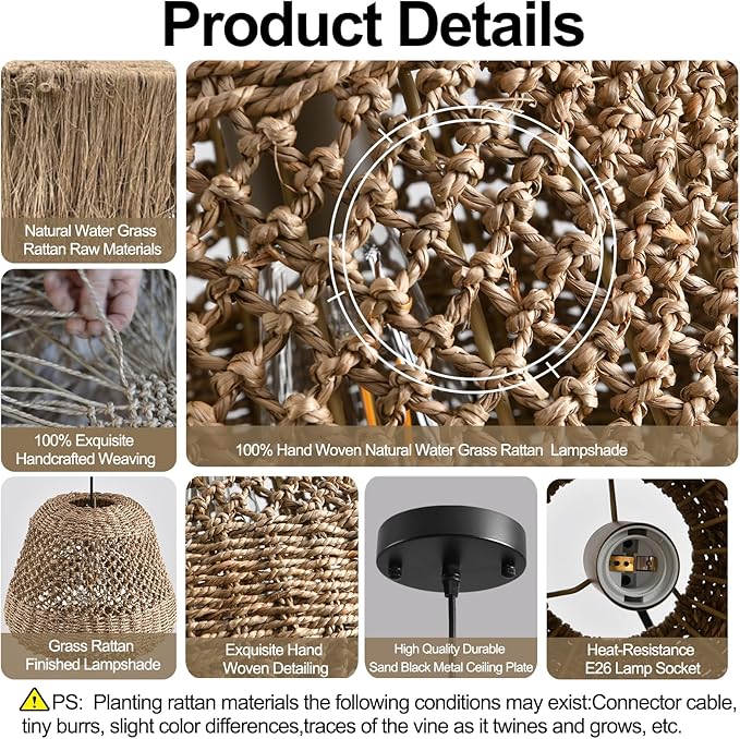 13.8" Rattan Pendant Light,Boho Hand Woven Wicker Hanging Light Seagrass Rattan Chandelier for Dining Living Bedroom Farmhouse Kitchen