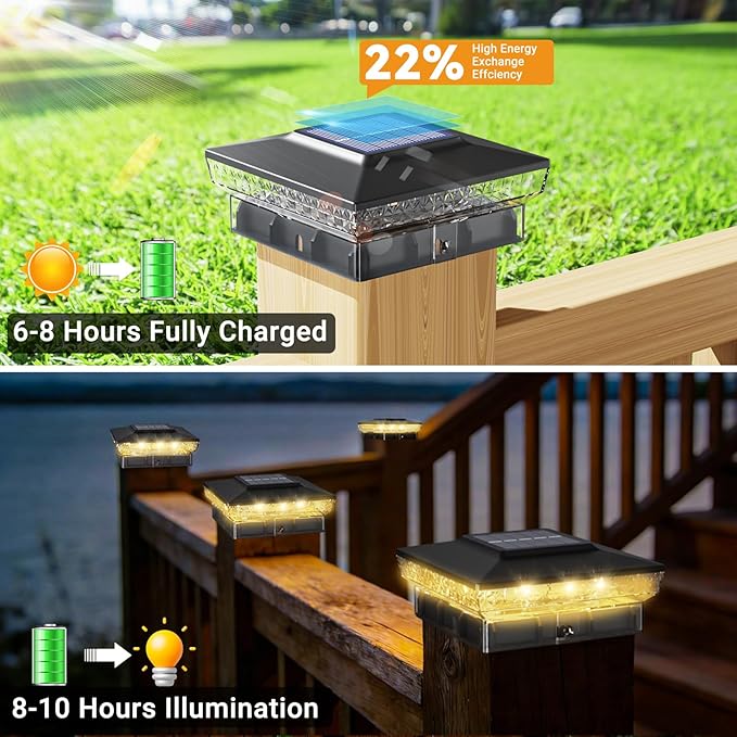 btfarm 8 Pack Solar Post Cap Lights Outdoor, 2 Color Modes 16 LED Fence Post Lights Fit 4x4 3.5x3.5 Wooden/Vinyl, Bright Waterproof Solar Powered Deck Lighting Outside for Patio Porch Garden, Black
