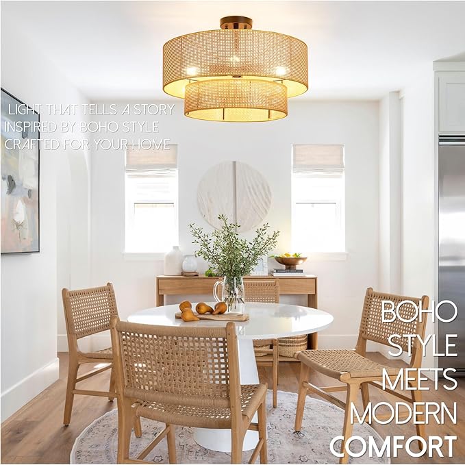 Hamilyeah 20 inch Boho Flush Mount Ceiling Light Fixture Double Layer, Drum Light Fixture Ceiling Mount with Wicker Shade, Bamboo Woven Rattan Lights Ceiling for Living Room, Bedroom, Dinning Room