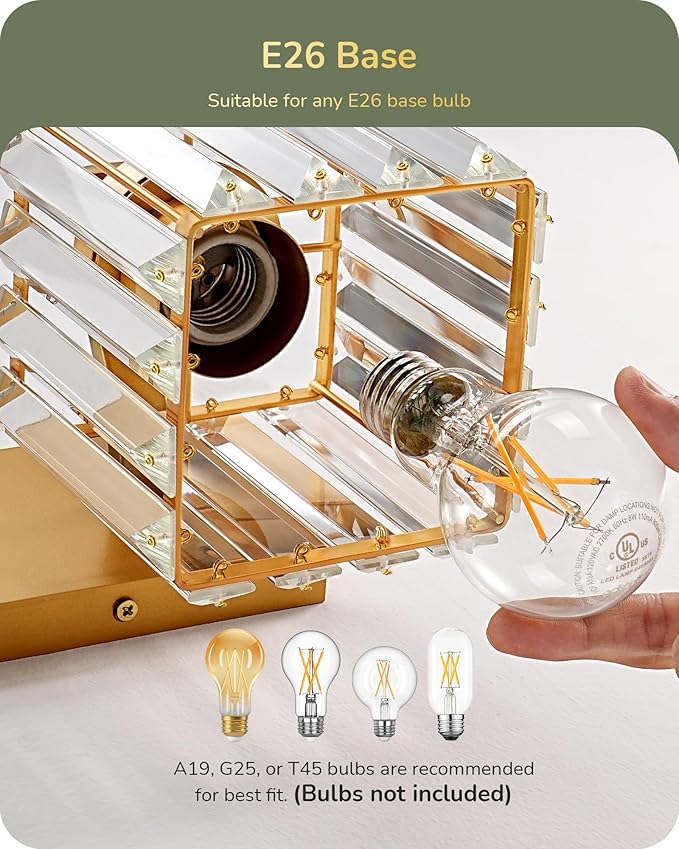 EDISHINE Bathroom Vanity Light, Modern Bathroom Lighting Fixtures, 2 Light Crystal Vanity Lights Over Mirror, Brass Bath Wall Sconce Lamp for Powder Room, Makeup, E26 Base, Gold