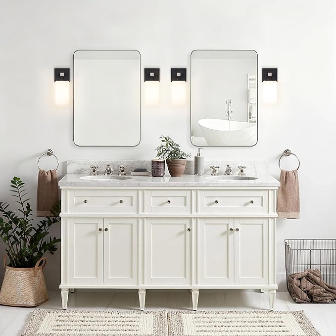 Wall Sconces Set of Two, Farmhouse Rustic Vanity Light for Bathroom, Wall Light Fixtures with White Shade for Mirror, Bedroom, Living Room, White Handcrafted Wood-Grain, Hardwired(Bulbs Not Included)