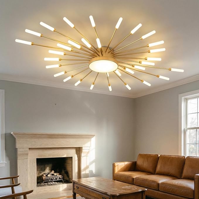 Modern Ceiling Light LED Flush Mount Ceiling Light for Living Room,Kitchen,Dining Room,Bedroom Fireworks Design Dimmable with Remote Control & Memory Function Lighting Fixture (Gold,28 Light)